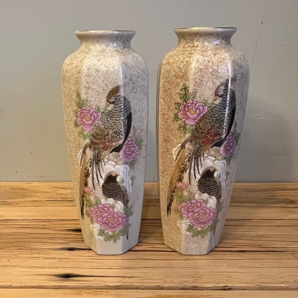 Pair of vintage Japanese porcelain crackle-glaze vases